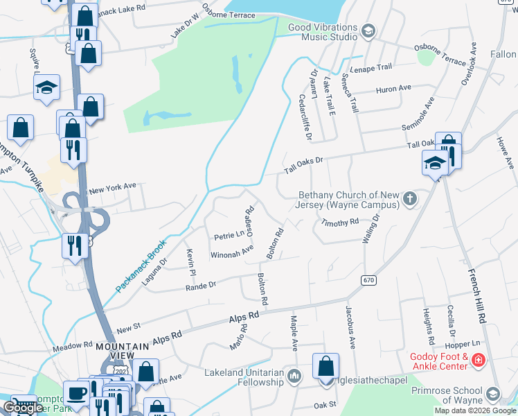 map of restaurants, bars, coffee shops, grocery stores, and more near 134 Osage Road in Wayne