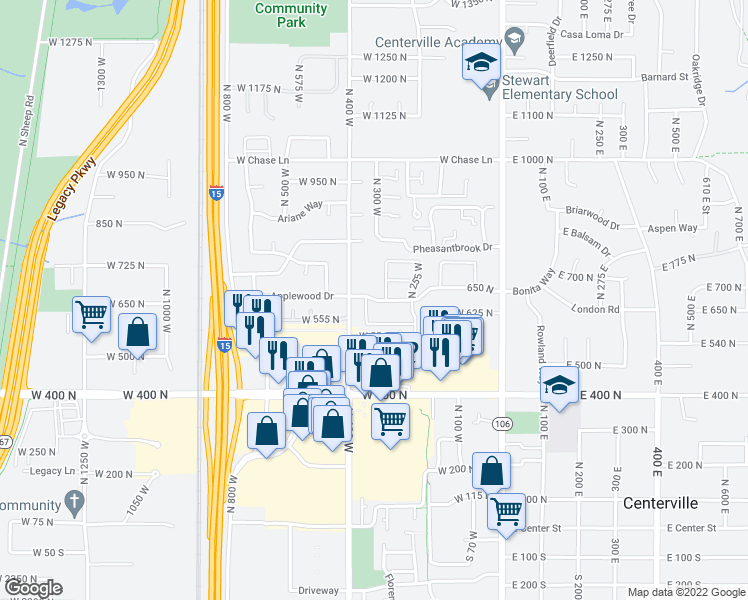 map of restaurants, bars, coffee shops, grocery stores, and more near 650 North in Centerville