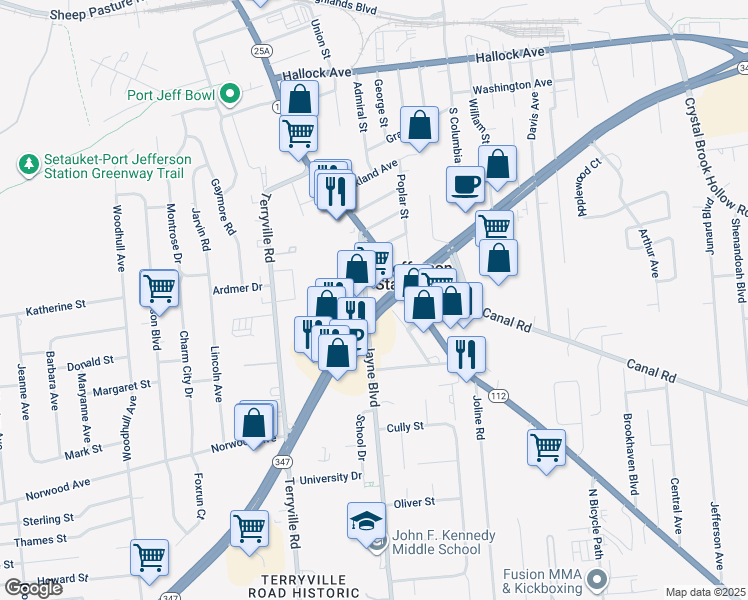map of restaurants, bars, coffee shops, grocery stores, and more near 55 Jayne Boulevard in Port Jefferson Station