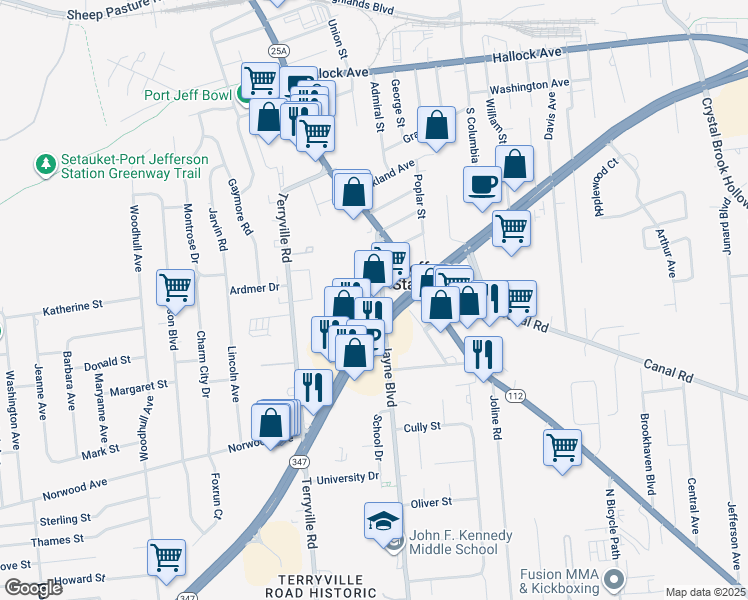 map of restaurants, bars, coffee shops, grocery stores, and more near 55 Jayne Boulevard in Port Jefferson Station