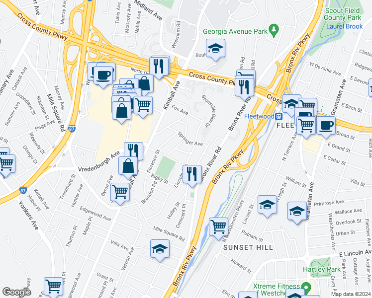 map of restaurants, bars, coffee shops, grocery stores, and more near 15 Frazier Place in Yonkers