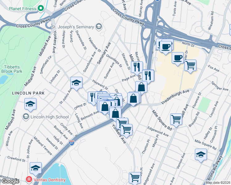 map of restaurants, bars, coffee shops, grocery stores, and more near 44 Otsego Street in Yonkers