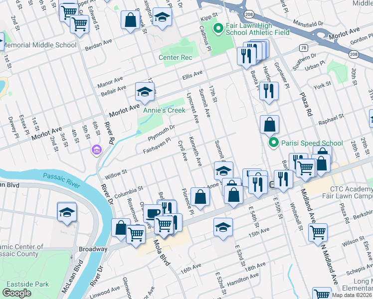 map of restaurants, bars, coffee shops, grocery stores, and more near 3-33 Cyril Avenue in Fair Lawn
