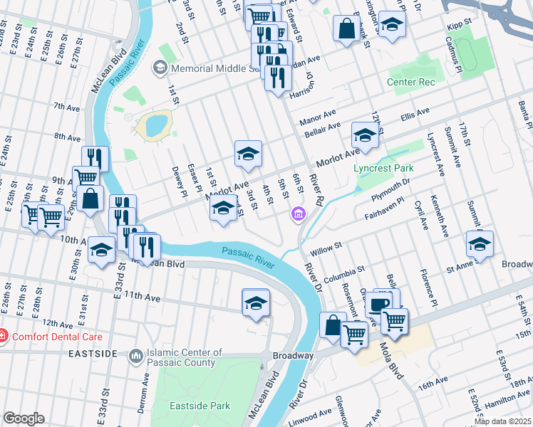 map of restaurants, bars, coffee shops, grocery stores, and more near 504 3rd Street in Fair Lawn
