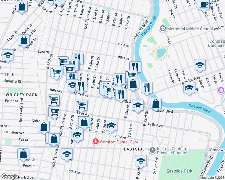 map of restaurants, bars, coffee shops, grocery stores, and more near 388 East 27th Street in Paterson