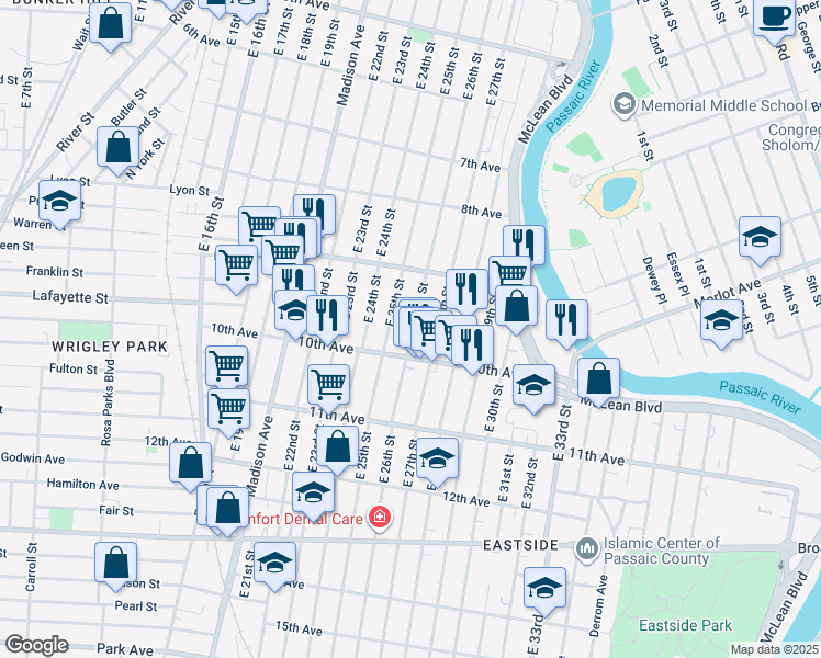 map of restaurants, bars, coffee shops, grocery stores, and more near 388 East 27th Street in Paterson