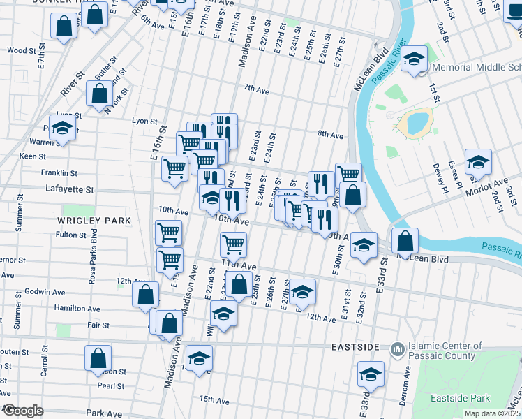 map of restaurants, bars, coffee shops, grocery stores, and more near 433 East 25th Street in Paterson