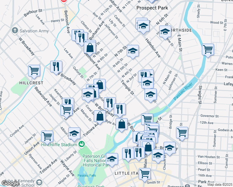 map of restaurants, bars, coffee shops, grocery stores, and more near 54 Cliff Street in Paterson