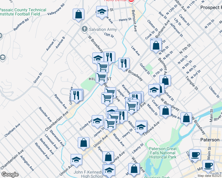 map of restaurants, bars, coffee shops, grocery stores, and more near 6 Doremus Street in Paterson