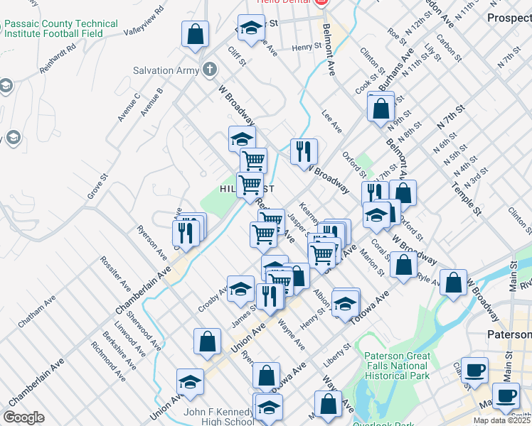 map of restaurants, bars, coffee shops, grocery stores, and more near 6 Doremus Street in Paterson