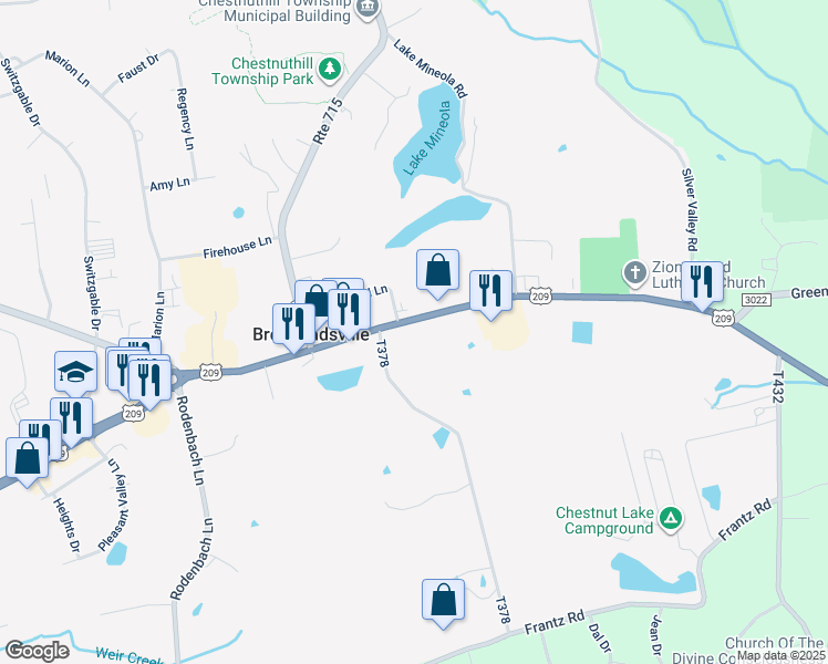 map of restaurants, bars, coffee shops, grocery stores, and more near 1824 U.S. 209 in Brodheadsville