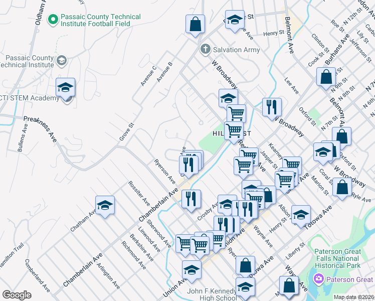 map of restaurants, bars, coffee shops, grocery stores, and more near 22 Colonial Avenue in Paterson