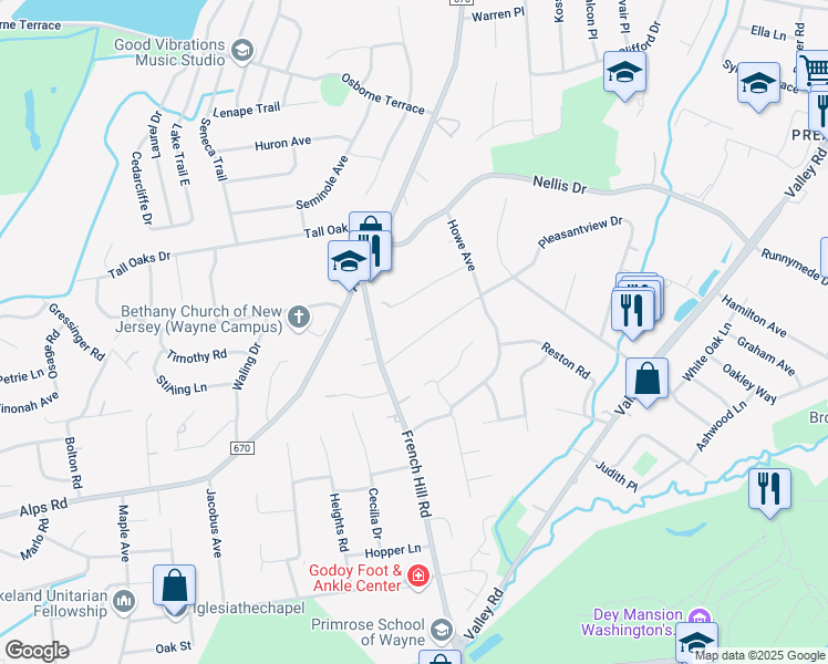 map of restaurants, bars, coffee shops, grocery stores, and more near 17 Prospect Road in Wayne