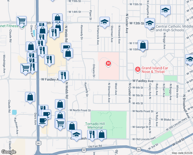 map of restaurants, bars, coffee shops, grocery stores, and more near 2796-2846 W Faidley Ave in Grand Island