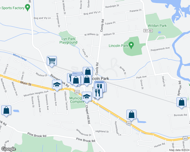 map of restaurants, bars, coffee shops, grocery stores, and more near 220 Comly Road in Lincoln Park