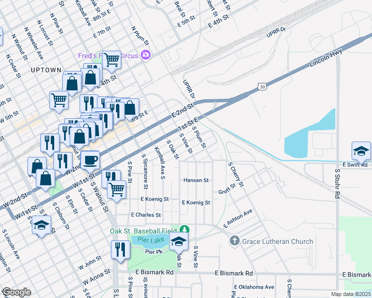 map of restaurants, bars, coffee shops, grocery stores, and more near 401-499 E Division St in Grand Island