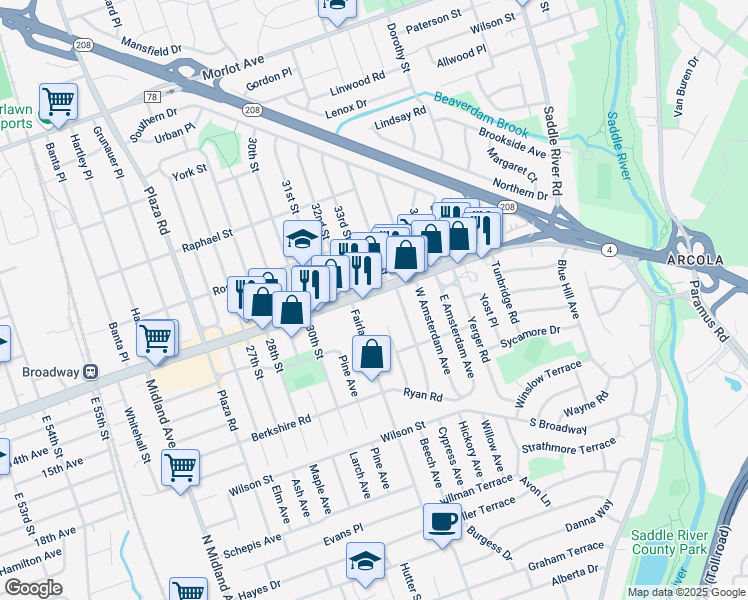 map of restaurants, bars, coffee shops, grocery stores, and more near 32-16 Broadway in Fair Lawn