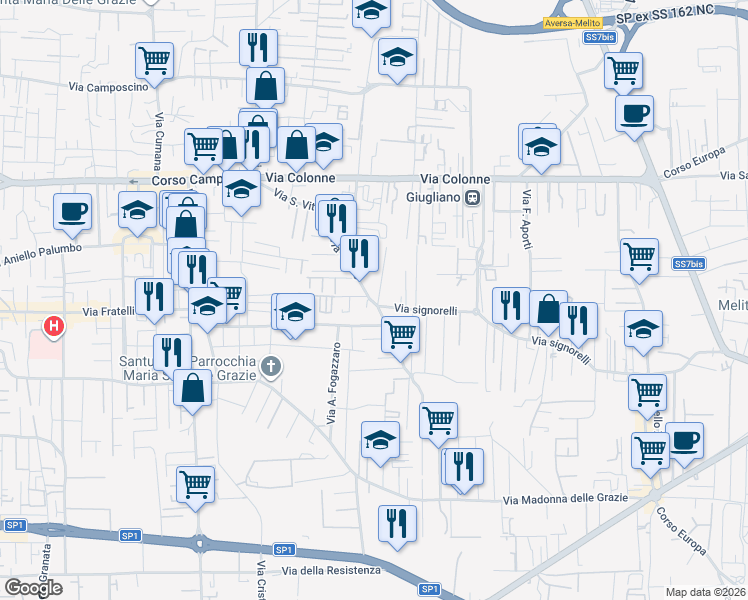 map of restaurants, bars, coffee shops, grocery stores, and more near 117 Via San Vito in Giugliano in Campania