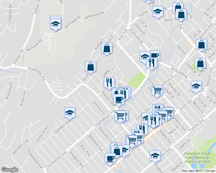 map of restaurants, bars, coffee shops, grocery stores, and more near 19 Salem Road in Paterson