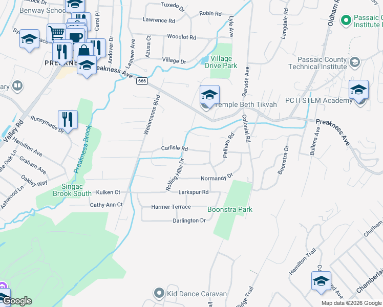 map of restaurants, bars, coffee shops, grocery stores, and more near 48 Carlisle Road in Wayne