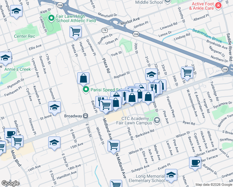 map of restaurants, bars, coffee shops, grocery stores, and more near 2-2 Plaza Road in Fair Lawn