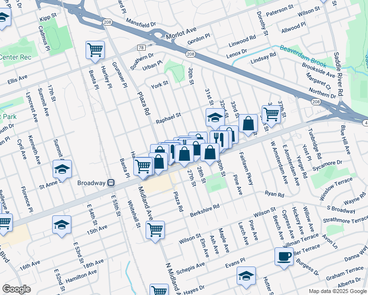 map of restaurants, bars, coffee shops, grocery stores, and more near 1-33 27th Street in Fair Lawn