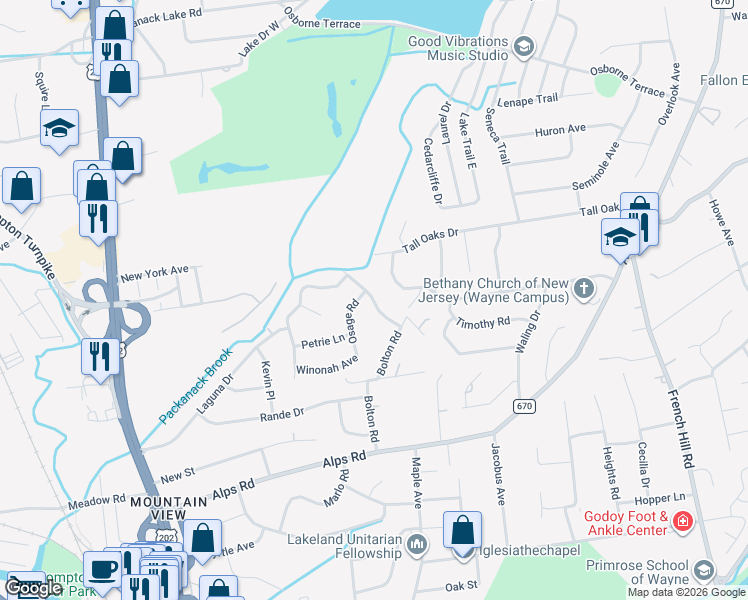 map of restaurants, bars, coffee shops, grocery stores, and more near 134 Osage Road in Wayne
