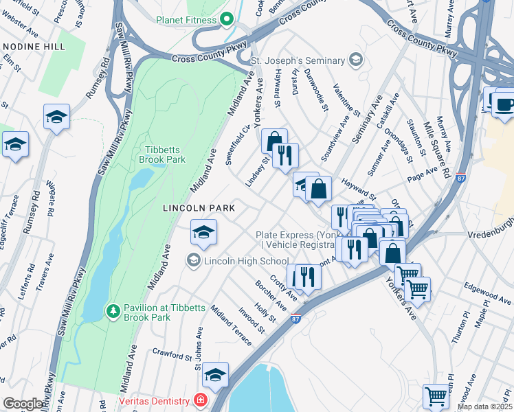 map of restaurants, bars, coffee shops, grocery stores, and more near 57 Frum Avenue in Yonkers