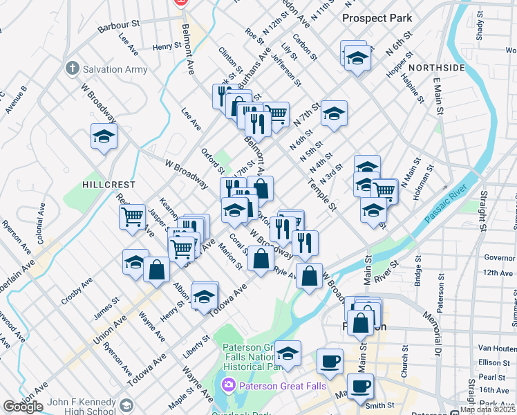 map of restaurants, bars, coffee shops, grocery stores, and more near 26 Belmont Avenue in Paterson