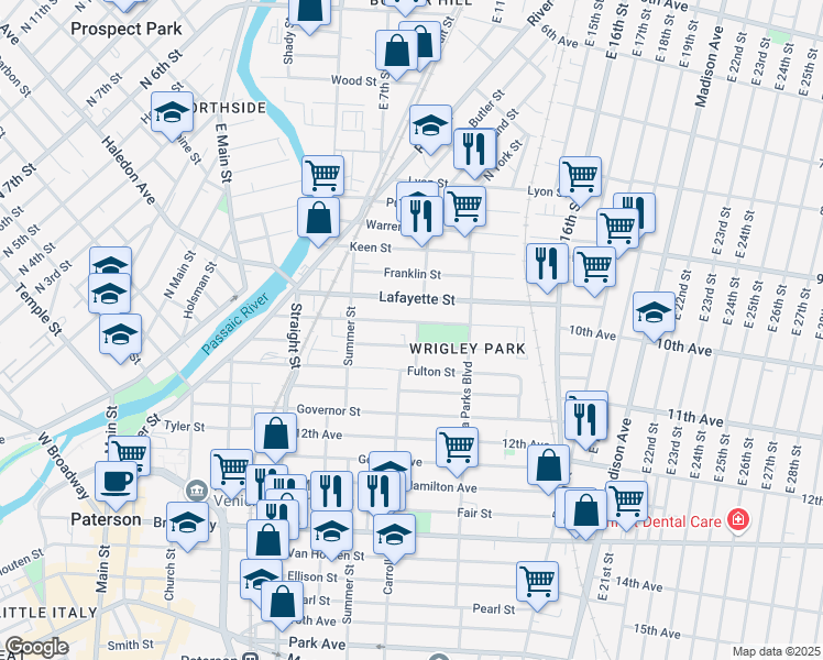 map of restaurants, bars, coffee shops, grocery stores, and more near 130 Montgomery Street in Paterson