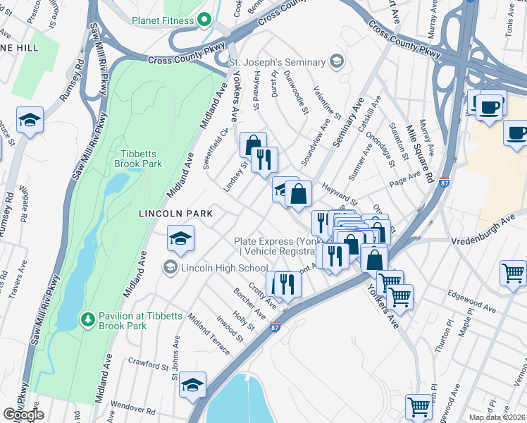 map of restaurants, bars, coffee shops, grocery stores, and more near 369 Saint Johns Avenue in Yonkers