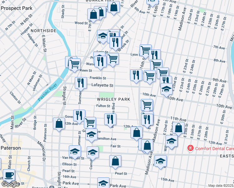 map of restaurants, bars, coffee shops, grocery stores, and more near 117-119 Rosa Parks Boulevard in Paterson