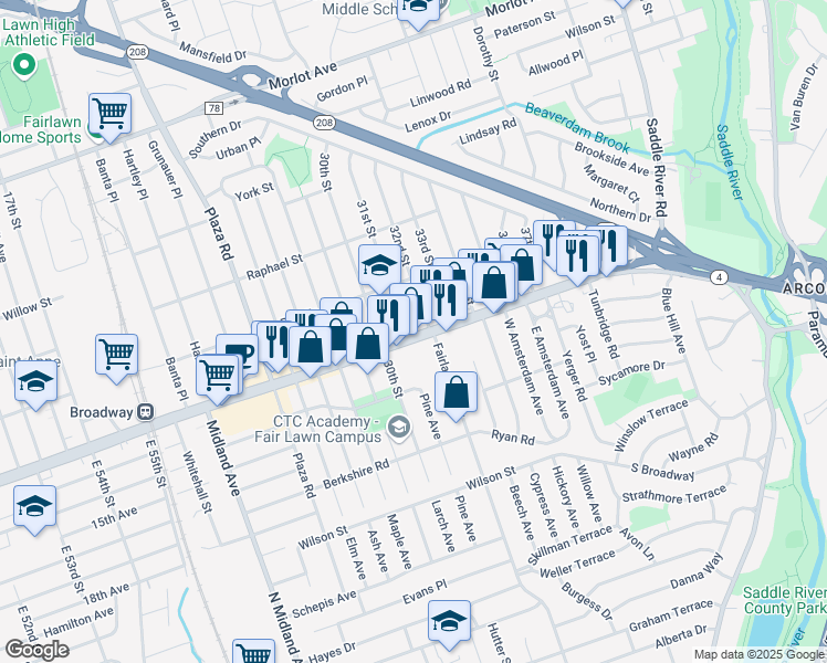 map of restaurants, bars, coffee shops, grocery stores, and more near 3101 Broadway in Fair Lawn