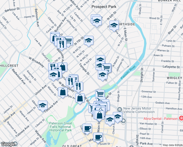 map of restaurants, bars, coffee shops, grocery stores, and more near 60 Temple Street in Paterson