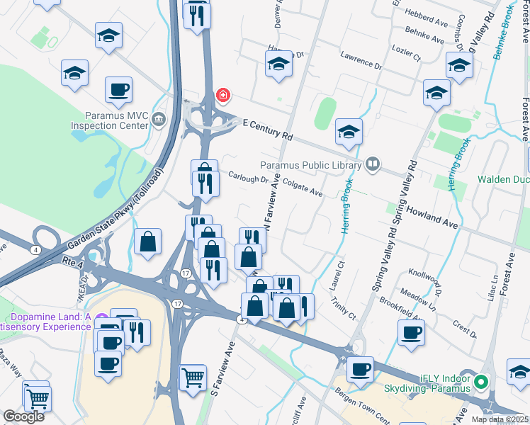map of restaurants, bars, coffee shops, grocery stores, and more near 67 North Farview Avenue in Paramus
