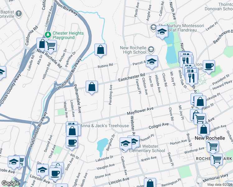 map of restaurants, bars, coffee shops, grocery stores, and more near 56 Irving Place in New Rochelle