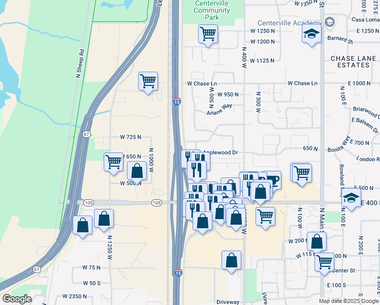 map of restaurants, bars, coffee shops, grocery stores, and more near 631 North Applewood Drive West in Centerville
