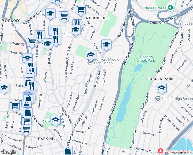 map of restaurants, bars, coffee shops, grocery stores, and more near 120 Edgecliff Terrace in Yonkers