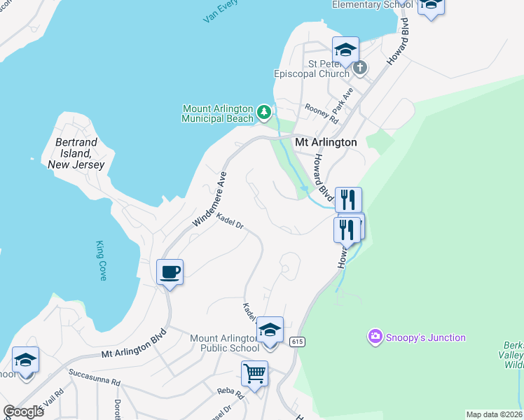 map of restaurants, bars, coffee shops, grocery stores, and more near 2 Ridgeview Lane in Mount Arlington