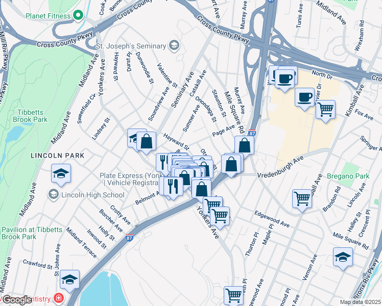 map of restaurants, bars, coffee shops, grocery stores, and more near 275 Hayward Street in Yonkers