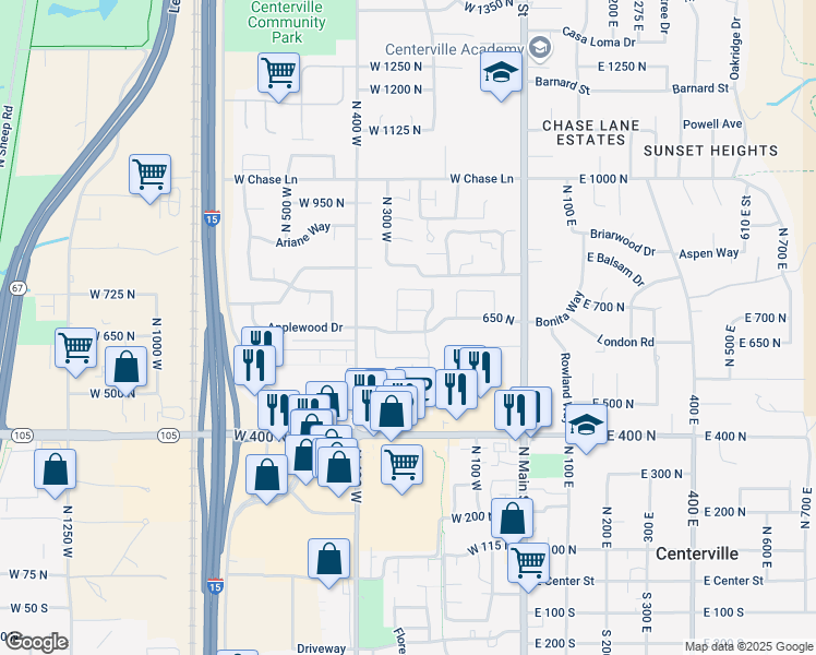 map of restaurants, bars, coffee shops, grocery stores, and more near 290 650 North in Centerville