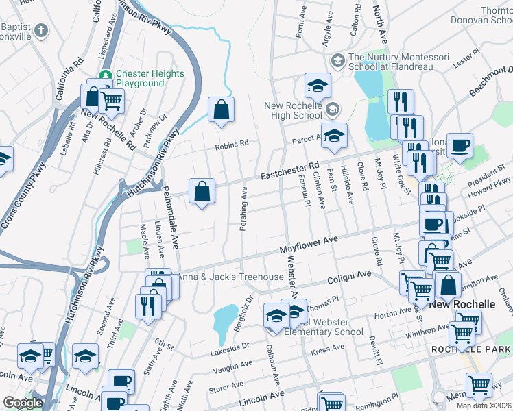 map of restaurants, bars, coffee shops, grocery stores, and more near 56 Irving Place in New Rochelle