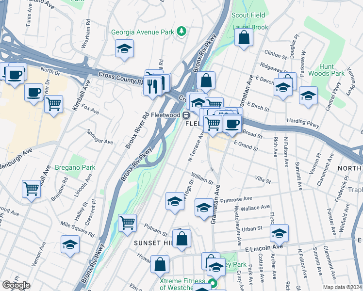 map of restaurants, bars, coffee shops, grocery stores, and more near 642 Locust Street in Mount Vernon