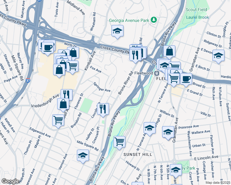 map of restaurants, bars, coffee shops, grocery stores, and more near in Yonkers