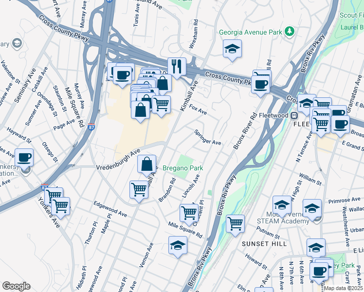 map of restaurants, bars, coffee shops, grocery stores, and more near 103 Brandon Road in Yonkers