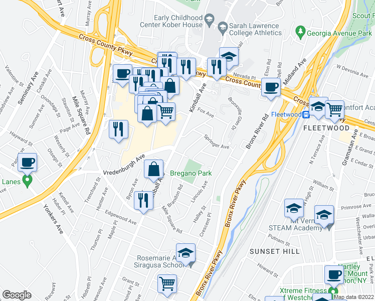 map of restaurants, bars, coffee shops, grocery stores, and more near 103 Brandon Road in Yonkers