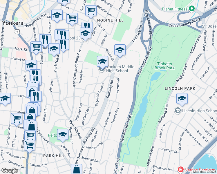 map of restaurants, bars, coffee shops, grocery stores, and more near 120 Edgecliff Terrace in Yonkers