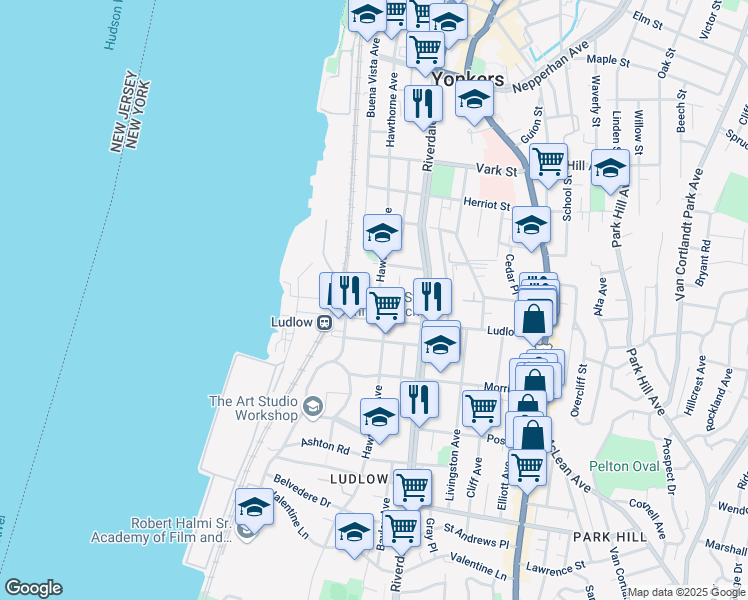 map of restaurants, bars, coffee shops, grocery stores, and more near 58 Knowles Street in Yonkers