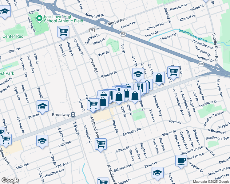 map of restaurants, bars, coffee shops, grocery stores, and more near 1-33 27th Street in Fair Lawn