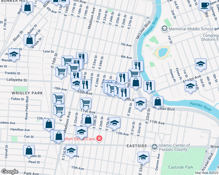 map of restaurants, bars, coffee shops, grocery stores, and more near 388 East 27th Street in Paterson